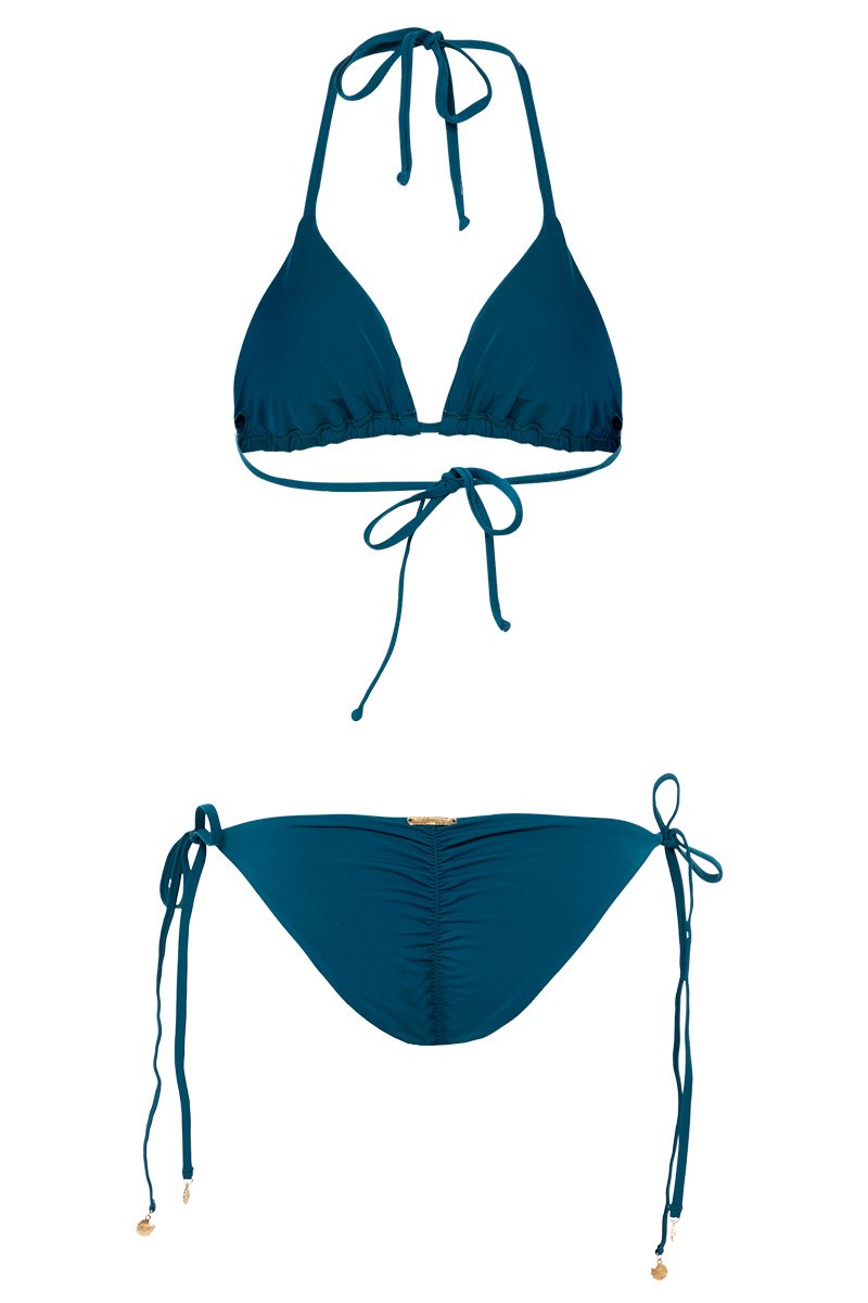 Top triangulo básico, tanga de amarrar a los lados con terminaciones en la puntas doradas y tanga brasilera especial para broncearse.